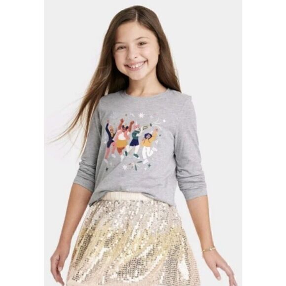 Cat & Jack Girl’s Celebrate Long Sleeve Graphic T-Shirt Gray Size Small. NWT. U - Picture 5 of 5